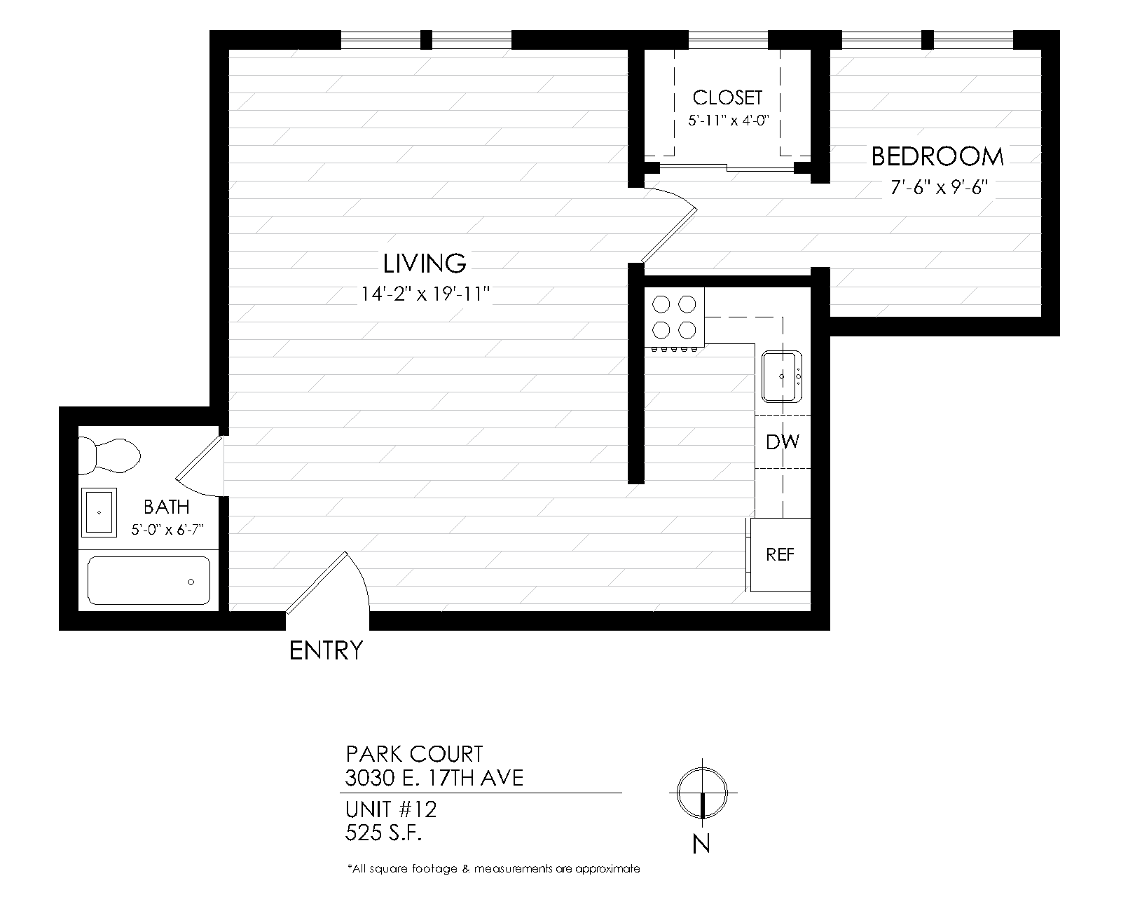 Floor plan for 1 bed, 1 bath, 525 sqft